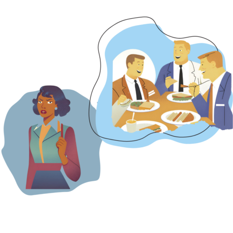 no organic mentorship Woman of color being excluded from group of white men eating together.